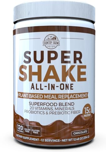 Country Farms All-in-One Super Shake Meal Replacement 15g Plant Protein Dietary Supplement with Superfoods, Vitamins, Probiotics and Prebiotics, 12 Servings, Chocolate, 12.48 Oz