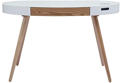 Miliboo - Escritorio con conexión multimedia (cristal blanco y madera clara, L120 cm), color blanco