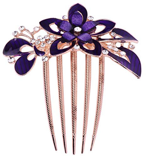 Lurrose Flower Bride Hair Side Comb Rhinestone Bridal Comb Barrette Wedding Hair Accessory for Women (Purple)