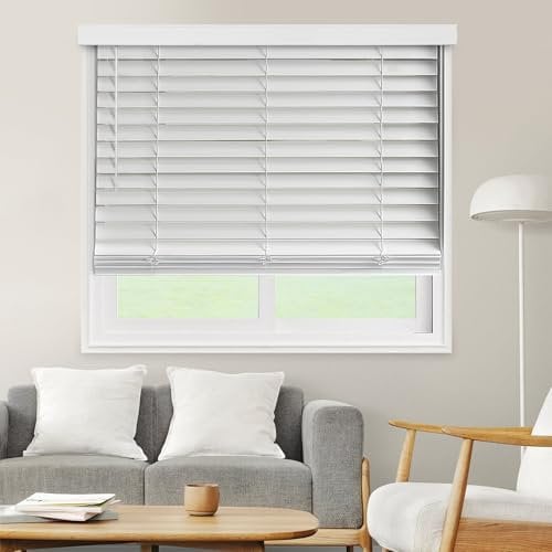 CHICOLOGY Faux Wood Blinds - Wooden Window Shades, 27W x 36H, Basic White