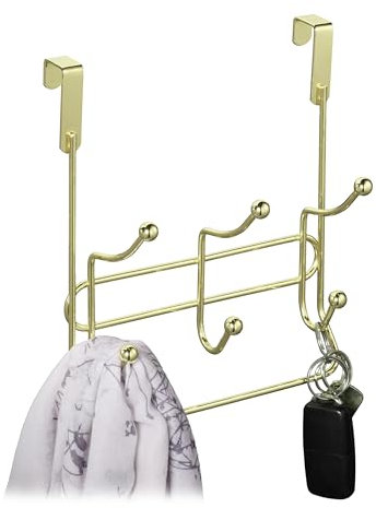 Relaxdays Türgarderobe mit 3 Doppelhaken, edle Türhakenleiste zum Einhängen, Metall, HBT: 23,5 x 20,5 x 9,5 cm, Gold, 1 Stück