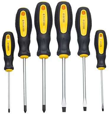 HPMAISON 6Pcs Juego de Destornilladores, CR-V Destornillador Magnético con Cabeza Plana (3x75mm/5x100mm/6x100mm) y Cabeza Phillips (PH0x75mm/PH1x100mm/PH2x100mm), Antideslizante Mango De Goma