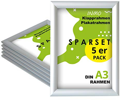 INMO Alu-Klapprahmen DIN A3 5 Stück mit Aluminium Profil ohne Glas - Klappbarer Bilderrahmen Silber - Fotorahmen für Bilder, Poster, Plakate - 32,60 x 45,10 cm Urkundenrahmen