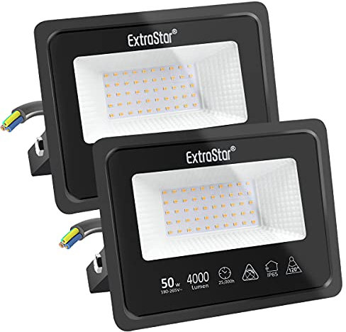 EXTRASTAR 50W LED Strahler Außen 2 Stücke,4000LM 3000K Warmweiß Superhell Außenstrahler, IP65 Wasserdicht LED Fluter, Außenlampe für Garten, Innenhöfe, Garage, Hotel, Sportplatz