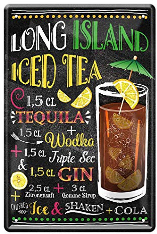 Blechschild Zutaten Rezept Anleitung Long Island Ice Iced Tea - Retro Deko Schild - Metallschild Cocktail Longdrink - Dekoration Küche Beach Bar Lounge - Geschenk Beilage für Cocktail Set - 20x30cm