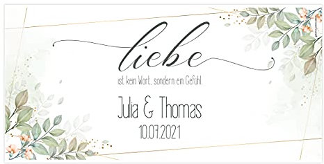 Herz & Heim® Hochzeitsbanner mit Namen und Datum Liebe ist kein Wort, sondern ein Gefühl Kunststoff