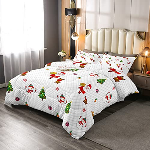 Homewish Kinder Cartoon Weihnachten Tröster Set 155x220 Weihnachtsmann Bettwäsche Set Santa Cam Netter Hirsch Schneemann Weihnachtsbaum Winterthema Daunendecke Weiß Jungen Mädchen Kariertes Muster