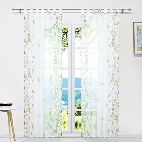 ESLIR Gardinen mit Schlaufen Gardinenschal Voile Transparent Schlaufenschal Modern Vorhänge mit Schmetterling Muster 1 Stück Grün BxH 140x145cm 1 Stück