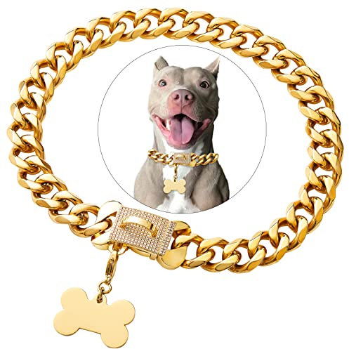 Edelstahl-Halskette mit kubanischem Goldgliedern, strapazierfähig, für kleine, mittelgroße und große Hunde, amerikanische Bulldogge, französische Bulldogge, mit Zirkonia, luxuriöse Sicherheitsmarke