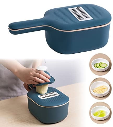 4 in 1 Multi-Function Mandoline Vegetable Cutter Onion Chopper Potato Carrot Vegetable Slicer Chopper Grater Kitchen Tool with Container Home (Navy Blue)