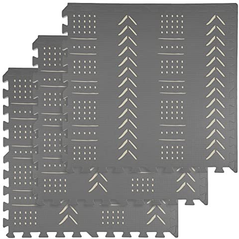 Humbi Puzzlematte EVA Schaumstoff für Babys und Kinder Krabbelmatte Spielmatte Fitnessmatte Schutzmatte Poolmatte Bodenschutz 62x62x1cm 3 Teile grau mit Muster