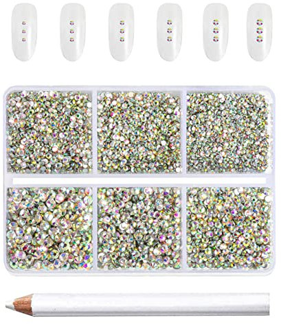 Beadsland 7200pcs Flatback Strasssteine für Nagel,Strasssteine Kristall AB Runde Edelsteine für Kunsthandwerk,gemischt 6 Größen mit Wachsmalstift Kit,SS3-SS10,Kristall AB