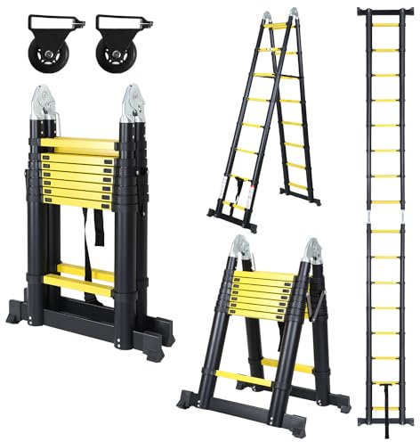 Sonnewelt 5M (2,5+2,5) Teleskopleiter, Rutschfester Aluminium Stehleiter, 150 kg/330 Pfund Belastbarkeit Ausziehbare Leiter, Aluminiumleiter mit Tragegriff, Mehrzweckleiter