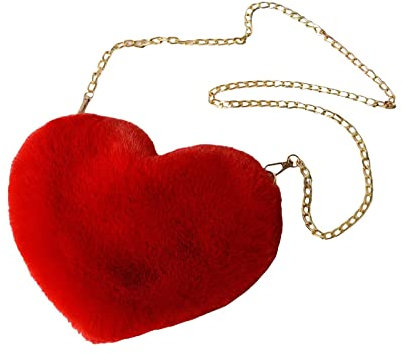 Damen Handtasche Herz, Umhängetasche Klein Plüsch, Herz Kunstfell Handtasche, Süße Heart Bag, Herz Clutch Geldbörse für Cocktail Outdoor Karneval Reisen Alltag Festival Geschenk, Rot