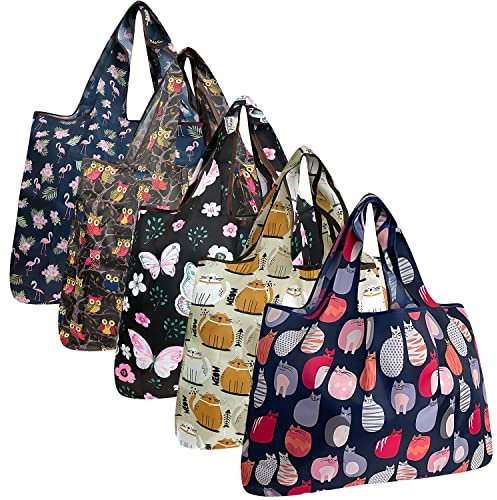 allydrew Große faltbare Einkaufstasche, Nylon, wiederverwendbar, 5 Stück, Katzen, Eulen, rosa Tiere, Set of 5