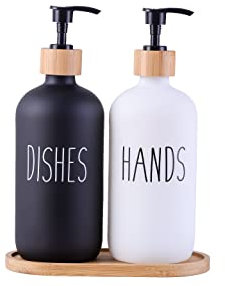 Glass Kitchen Soap Dispenser Set with Tray by Brighter Barns - Hand and Dish Soap Dispenser for Kitchen Sink - Glass Soap Dispenser - Modern Boho Farmhouse Kitchen Decor (Black/White)