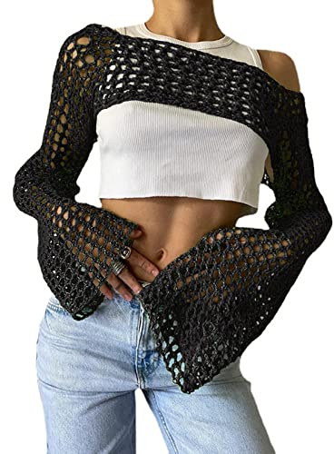 Bnigung Damen Mesh Crochet Crop Tops Shrugs Sexy Y2k Hollow Out Cropped Knit Sweater See Through Bikini Cover Ups, Schwarz, Klein