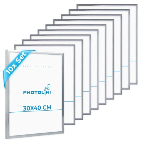 PHOTOLINI Cadre photo 30 x 40 cm argenté, lot de 10 cadres en plastique étroits, verre acrylique, à suspendre, avec accessoires - pour documents, diplômes, certificats et photos