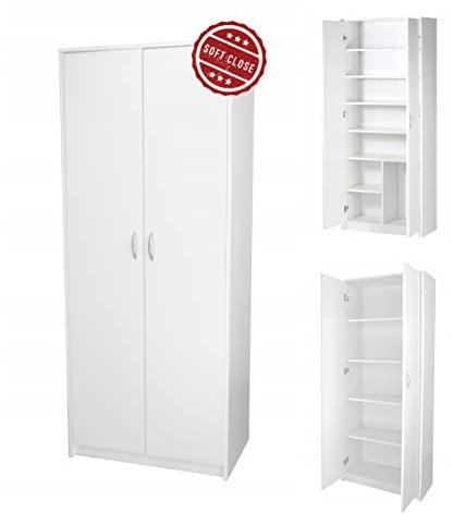 Schrank Mehrzweckschrank mit Soft Close Türdämpfer weiß 74cm Breite 180cm Höhe mit Vier Einlegeböden, Aktenschrank Haushaltsschrank Organizer aus MDF Holz