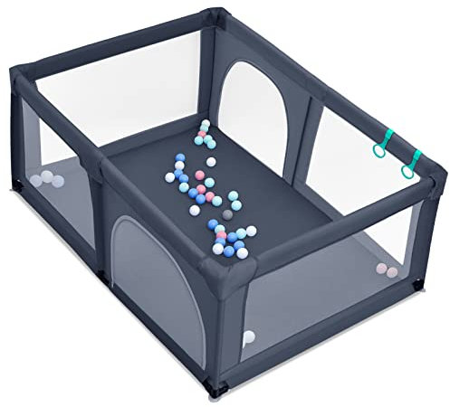GOPLUS Baby Laufstall mit 50 Spielbällen, Krabbelgitter für Kleinkinder & Säulinge, stabiler Laufgitterzelt mit atmungsaktivem Netz, Reisebett mit Tür und Reißverschluss (120x190cm, Dunkelgrau)