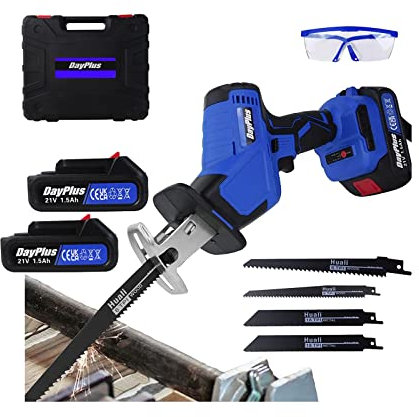 21V Akku Säbelsäge, Variabler Geschwindigkeitsschalter, 4 Sägeblätter für Holz, Hublänge – inkl. Akku, Ladegerät & Tragetasche,mit 2x 1500mah Akkus