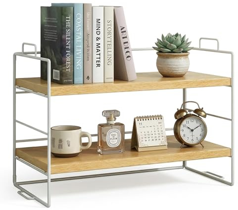 Milky Way Desktop Bookshelf Organizer, 2-Tier Wood Desk Shelf, White Frame | Metal Bracket Design, Easy Assemble, Multi-Purpose Storage Rack for Office Kitchen Dorm Bedroom, Holds Books