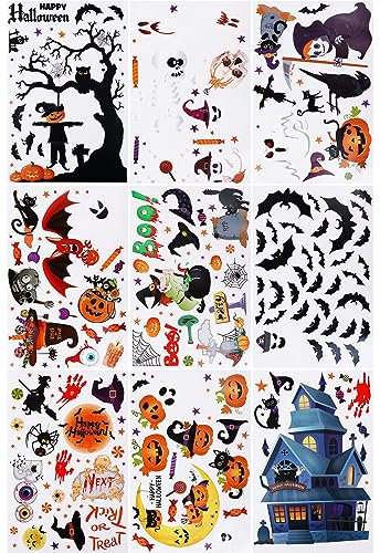 9 Blatt Halloween-Fensteraufkleber, 223 Muster, Fenster Sticker Halloween Gruseliges Schloss, Kürbis, gruselige Fledermaus, Halloween-Fensteraufkleber für Fenster, Türen, Zuhause