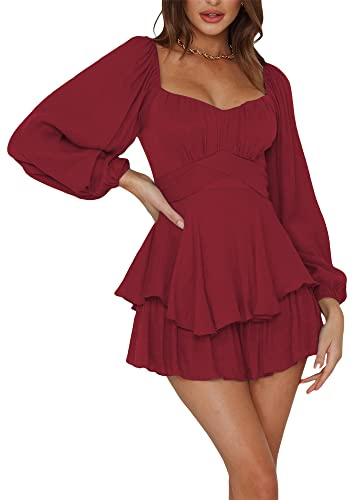Women Puff Sleeve Square Neck Romper Dress Off Shoulder Ruffle Shorts Smocked Layered Flowy A Line MiniBeach Swing Dress Sundress (C-Wine Red, L)