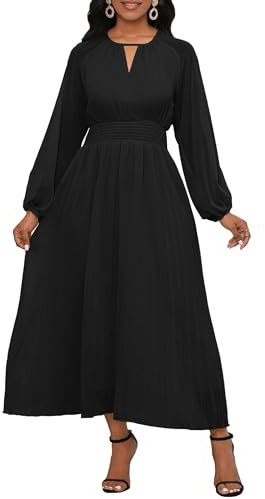 VERWIN Chiffon Dresses for Women Long Sleeve Round Neck Maxi Dress Elastic Waist Pleated A Line Flowy Dress XL Black