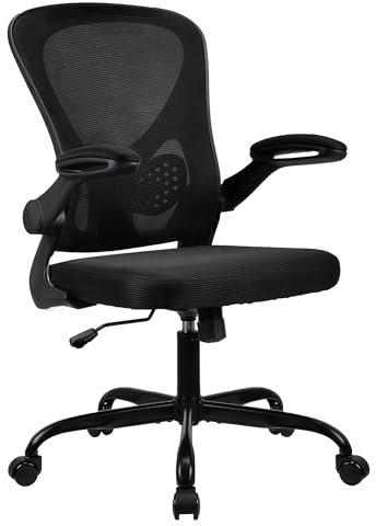 T-THREE. Adjustable ergonomic mesh office chair, swivel and study seat with lumbar support, height adjustment, 360° rotation, tilt function, 90° flip-up armrests, mesh backrest for home office(Black)