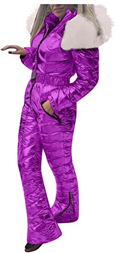 IQYU Skianzug Damen Einteiler Warm Schneeanzug Wasserdicht Schneeoverall Mit Fellkapuze Gürtel Snowboardjacke Lang Skijacke Thermo-Skibekleidung Warme Schnee-Jacke Skifahren Sätze Outdoor Jumpsuit