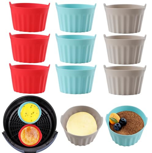 Baketron 9PCS Moule Silicone Air Fryer,Plat Pour Friteuse Sans Huile,Mafin Coupe Moule,Moule Pour Gâteau Au Four,Moule à Tarte Aux Oeufs,Air friteuse Accessoires, Silicone Bakeware,Rouge + gris + bleu