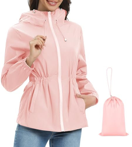 Vijamiy Vêtements Imperméables Femme Léger Veste de Pluie Manteaux Imperméables Coupe Vent Femme Impermeable Avec Capuche et Poches Veste Respirant D'extérieur Trench Coat(Rose,XL)
