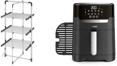 Black+Decker 63099 3-Tier Heated Clothes Airer Aluminium, Cool Grey, 140cm x 73cm x 68cm & Tefal Easy Fry Precision 2-in-1 Digital Air Fryer and Grill 4.2 Litre Capacity 8 Programs
