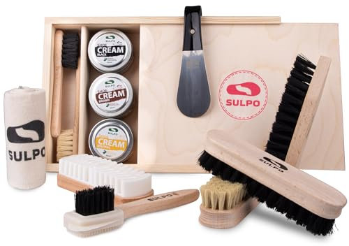 SUPLO Un Ensemble de Brosses pour Chaussures en cuir - Daim Nubuck - Brosses de Polissage, d'application Cirage - Crèmes pour Chaussures - Chiffon de Cettoyage en Coton - Chausse-pied - Coite en Bois