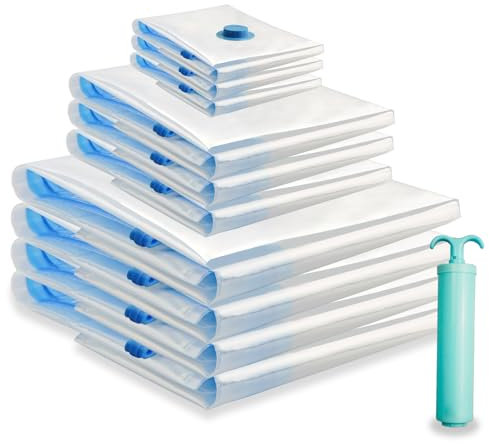 rietegio 10 Pack Vacuum Storage Bags(4 Jumbo/3 Medium/3 Small) Space Saver Bags with Hand Pump Vacuum Seal Bags with Secure Double Zip and Valve for Clothes Pillows Blankets Bedding Comforters Duvets