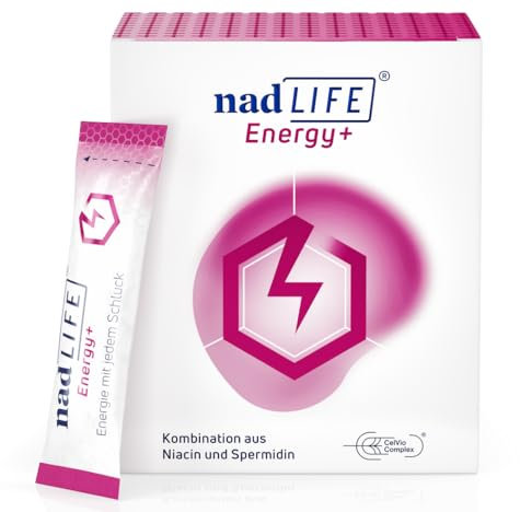 nadLIFE® Energy+ — Der tägliche Energie Booster für Zellregeneration & mehr Leistung — Mit den Nährstoffen Niacin (als Nicotinamid), 1mg spermidine, Vitamin C & Zink in praktischer Stickpackung