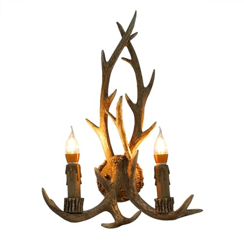 YUNRUX Geweih Wandleuchter Innen Wandlampe mit Hirschhorn Antike Hirschkopf Wandleuchte Wandlampe Vintage Innenwandleuchte Beleuchtung Gebogenenlampe Wandlicht Licht (2 E14 Glühbirnen geliefert)
