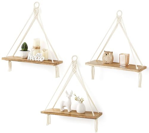 Mkono Makramee Hängeregale Boho Wanddekoration 3er Set Rustikales Holz Schweberegal für Schlafzimmer Badezimmer Wohnzimmer Kinderzimmer Schlafsaal Ausstellungsregal zum Aufhängen von Pflanzen Fotos