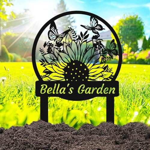 Personalized Butterfly Sunflower Garden Sign for Outside, Custom Flower Butterflies Garden Stake Metal Outdoor Decor Yard Sign with Stakes, Customized Name Sunflower Butterfly Lawn Sign