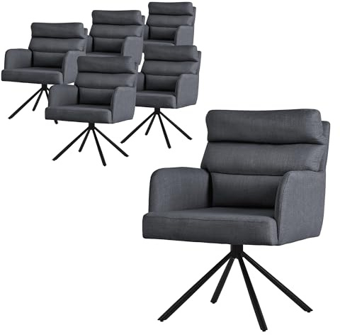 ML-Design Esszimmerstühle drehbar 6er Set, Anthrazit, Wohnzimmerstühle mit Arm- & Rückenlehne, Drehstühle Auto-Position, Polsterstühle mit Polyesterbezug & Rückenkissen, Küchenstühle mit Stahlgestell