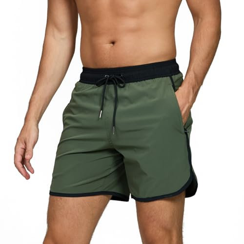 TMEOG Costume Uomo Mare Pantaloncini da Bagno Costumi da Piscina Surf Boxer Mare Costume da Spiaggia Bagno Vintage Pantaloncino Mare con Tasche e Coulisse(Verde,XL)