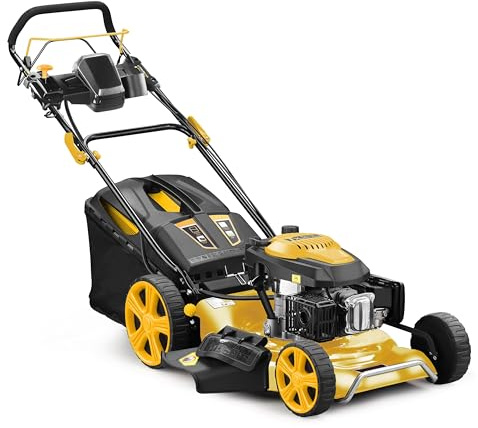 Tondeuse Thermique tractée 196cm3 - Coupe 53cm - Démarrage Électrique + Variateur de Vitesse -Plus Besoin de Tirer sur Le Lanceur pour démarrer - Fonction 4en1 et Easy Clean - Marque Francaise