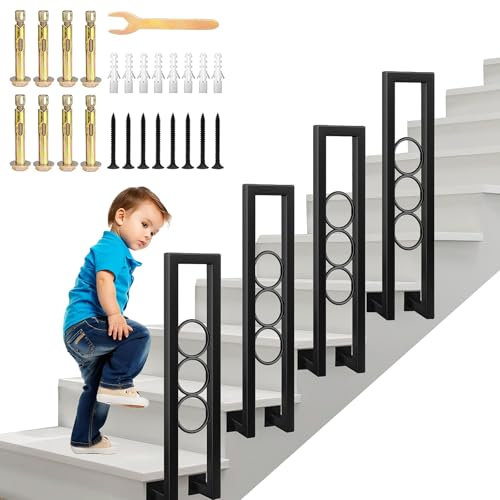 AIOJXHY Handlauf U Förmig Geländer Innen Außen, Schwarz Eisengeländer Seitlich Montiert Treppenhandläufe mit Kreisförmiger Ring, Ziergeländer für Dachboden, Eingang (Schwarz, 85cm)