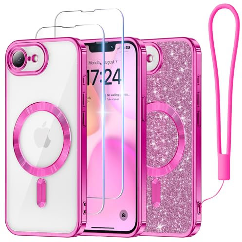 Meifigno Designed for iPhone 16e Case 6.1, [Glitter Card & Wrist Strap] [Compatible with MagSafe] [2X Screen Protectors] Surround Raised Lens Protection Designed for iPhone se 4 Case, Hot Pink