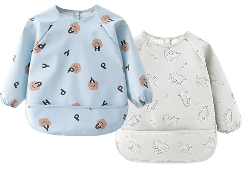 KAMHBE Lätzchen mit Ärmeln 2 Pack Baby Langarmlätzchen Weiches Wasserdicht Mess Proof Lätzchen Baby zum Stillen