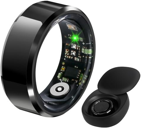 Roadtime Smart Ring Heart Rate Monitor Blood Pressure Ring Sleep Tracker Blood Oxygen Health Ring Pedometer Step Counter Calories Remote Camera Fitness Rings with Charging Case(Black US7# 17.4mm)