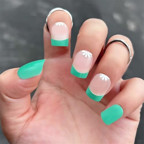 XAGMODSHN Lot de 24 faux ongles carrés courts à coller sur les ongles French Tip - Couleur unie - Vert