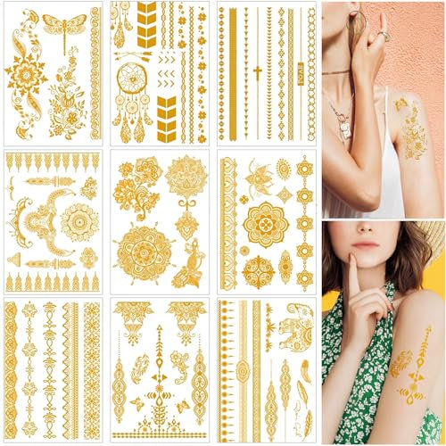 Dtoterul 9 Tatouage Ephemere Femme Doré, Autocollants de Tatouage Ephémère Doré Métallisé, Tattoos Imperméables Autocollants, Aux Adultes, Filles, Tatouage Festival Fête