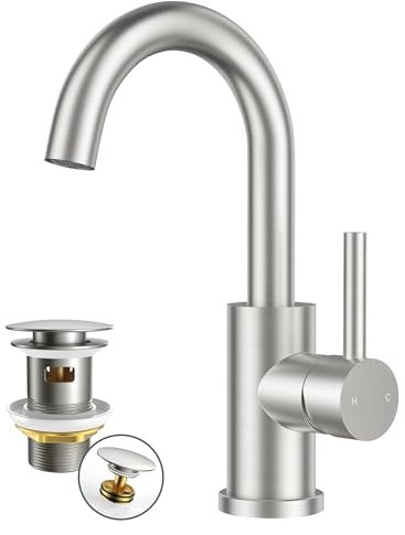 FORIOUS Robinet avec Bonde de Vidage pour Salle de Bain/Cuisine, Pivotant à 360°, Mitigeur pour Eau Chaude/Froide, en Acier Inoxydable, Facile à Installer pour Lavabo, Petite Cuisine, Camping-car